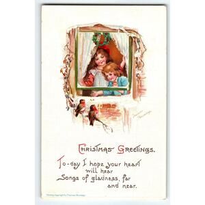 Christmas Postcard Signed Frances Brundage Girls Snow Birds Gabriel Germany 229